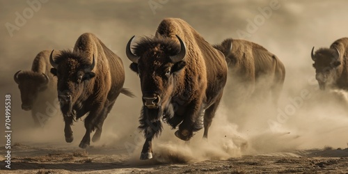 bison run at full speed through the dust photo