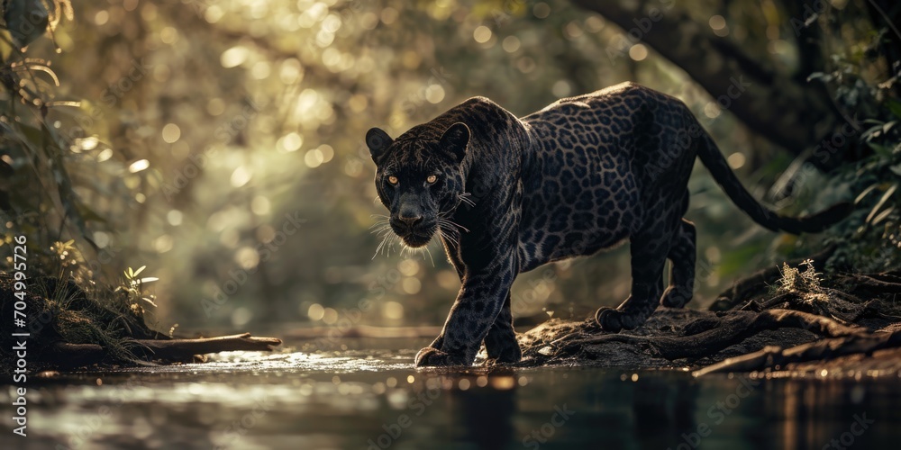 a black spotted panther is walking along the river, mysterious jungle - obrazy, fototapety, plakaty 