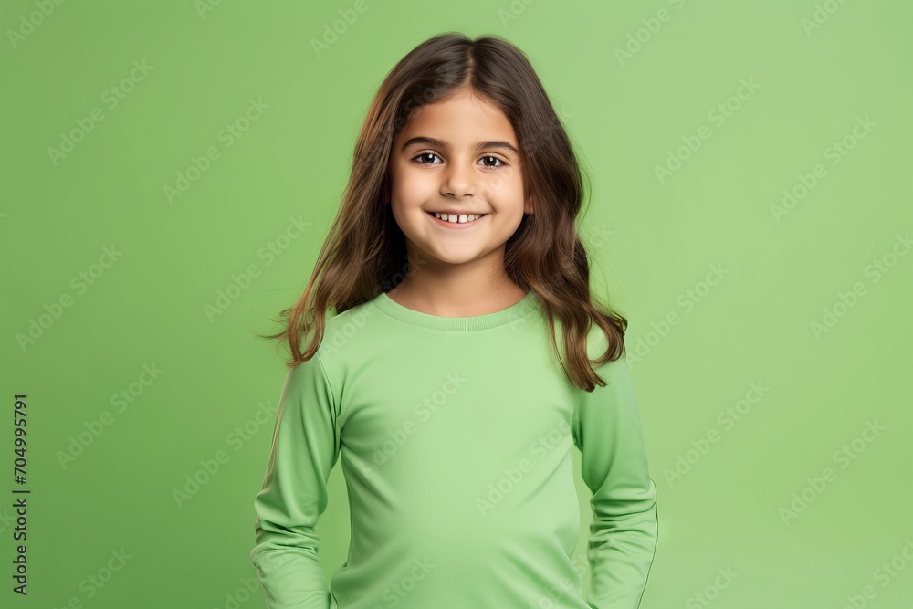 smiling little girl in green sweater looking at camera over green background smiling little girl in green sweater looking at camera over green background