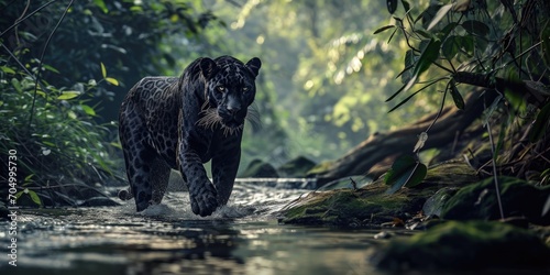 Obraz na płótnie a black spotted panther is walking along the river, mysterious jungle