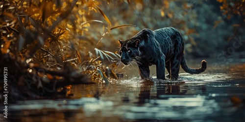 a black panther is on the hunt while walking through the water