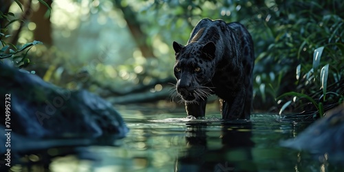 a black panther is on the hunt while walking through the water