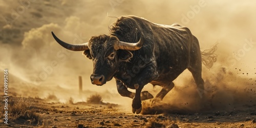 a bull running through the dark while breathing smoke  in the style of light brown and navy  grandeur of scale