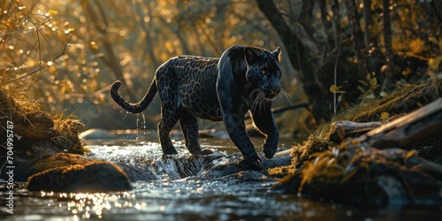 Fotografia a black spotted panther is walking along the river, mysterious jungle