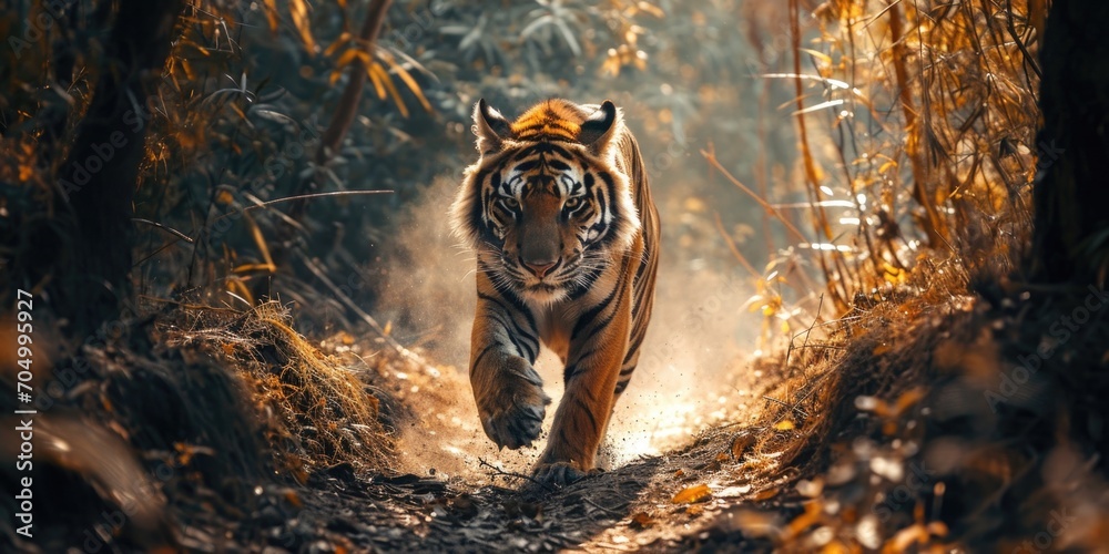 Close up Siberian Tiger walking on road through dark forest - obrazy, fototapety, plakaty 
