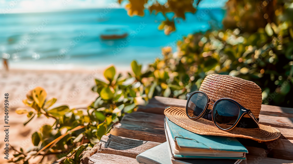 Straw hat, travel journal and sunglasses on tropical beach, travel vibe wallpaper. Shallow field of view.
Straw hat, travel journal and sunglasses on tropical beach, travel vibe wallpaper. Shallow field of view.