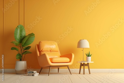 Modern living room with armchair and plant on yellow wall- 3D rendering