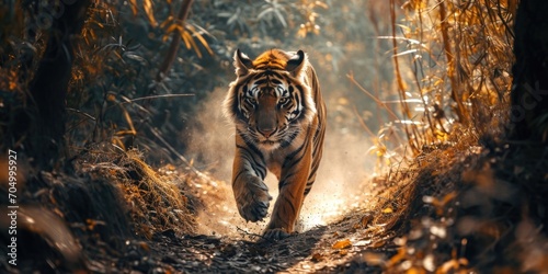 Close up Siberian Tiger walking on road through dark forest photo