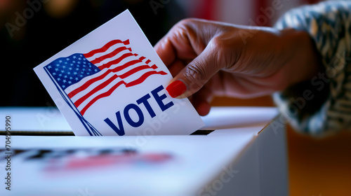 A hand holding a voting ballot with the American flag and the word 'VOTE' . Concept of the Democratic process, and casting your vote. blurred background.