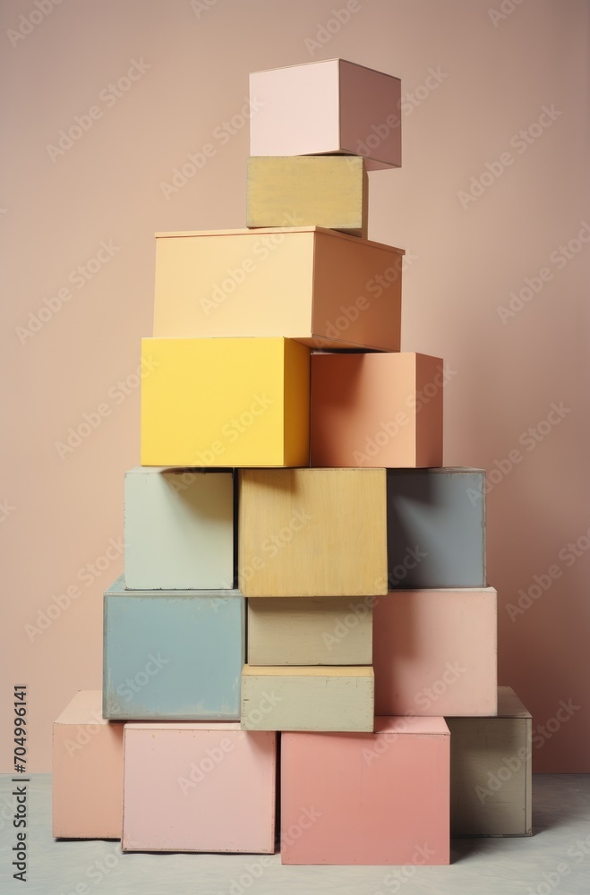 stack of cardboard boxes in pink, yellow and blue pastel color stack of cardboard boxes in pink, yellow and blue pastel color