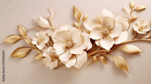 Golden Background with 3D Wallpaper Flowers and Stems AI Generated