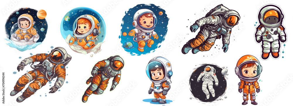 astronaut collection different colors, spacecraft illustration