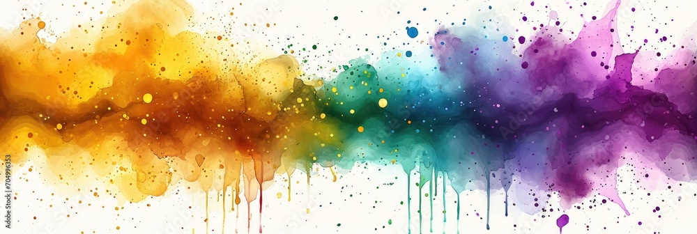 Fototapeta premium A painting of a rainbow of paint on a white background. Mardi Gras background with purple, green and golden colors.