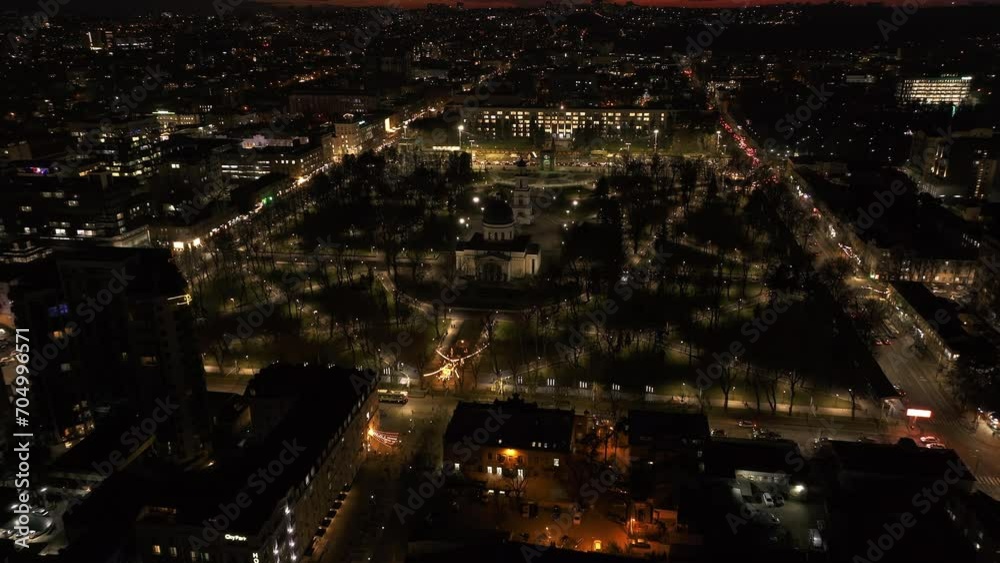 Aerial drone view of Chisinau center city with Cathedral and Government building at night. Moldova Aerial drone view of Chisinau center city with Cathedral and Government building at night. Moldova