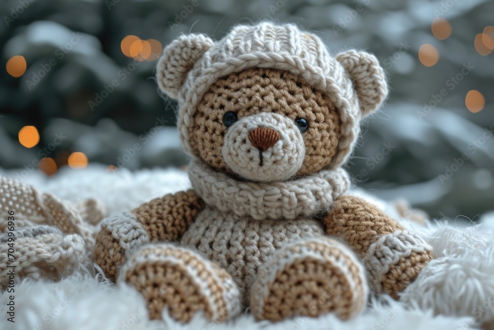 A toy bear wearing a knitted hat and scarf. Handcrafted knitted miniature toy. A toy bear wearing a knitted hat and scarf. Handcrafted knitted miniature toy.
