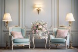 Pastel interior in classic style with soft armchairs and lamps