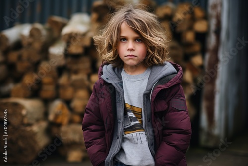 portrait of a boy in a jacket on a background of wooden logs © Inigo