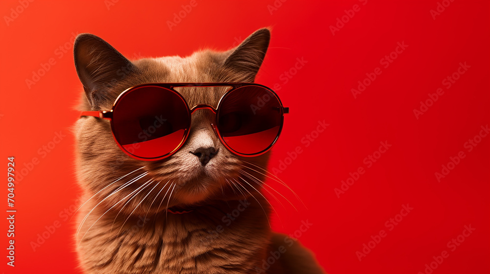 A cute portrait of a brown cat with red sunglass isolated on red background