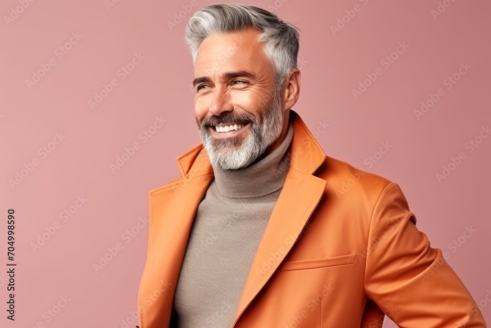 Portrait of a handsome mature man in orange coat. Studio shot.