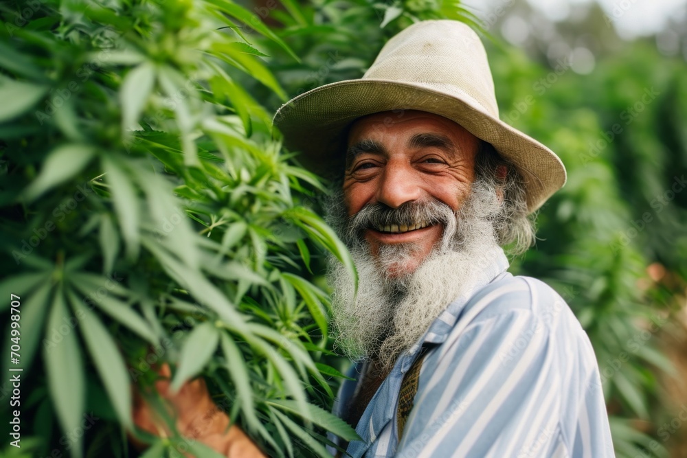 Man farm owner with beautiful cannabis plants growing in the plant and Inspecting the integrity of the stem and leaves. Man farm owner with beautiful cannabis plants growing in the plant and Inspecting the integrity of the stem and leaves.