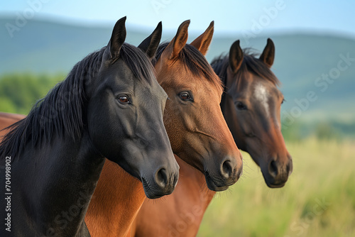 Three horses standing next to each other in a field