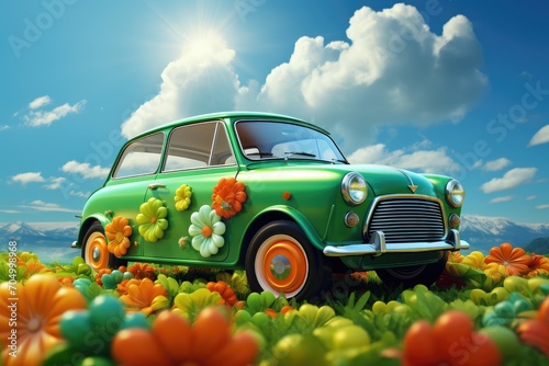 Green vintage car decorated for St. Patrick  s day   transport illustration on a green background. Generative AI