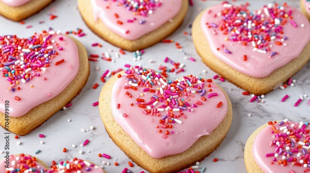 Heart shaped cookies with pink frosting and sprinkles. Valentine's Day background banner