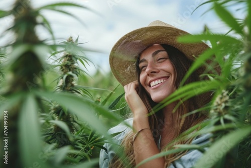 Young woman farm owner with beautiful cannabis plants growing in the plant and Inspecting the integrity of the stem and leaves.