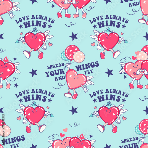 Seamless pattern with Valentine's concept with funny hearts. Groovy mascot in love. Cool funky background, retro style. 14 February pattern for fabric, tile backdrop or wrapping paper.