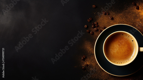 cup of coffee on gold black background. minimalistic Minimalistic flat lay style. Top view. Image of beautiful, golden, aroma