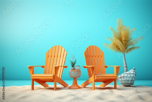 Two orange beach chairs with summer accessories on turquoise blue background 3D Rendering