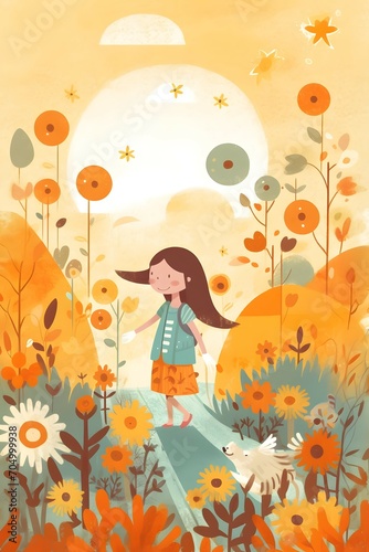 children s Book Illustration Style, Pastell colours, Bohemien, flat Colours, sunshine, very simple,.