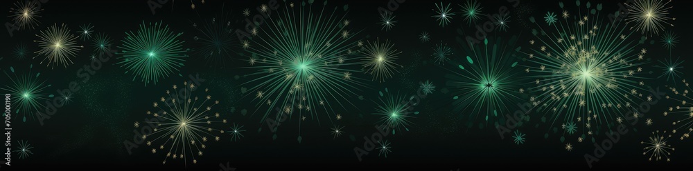 Fototapeta premium Festive Patrick day Fireworks light green gold emerald background. Generative AI