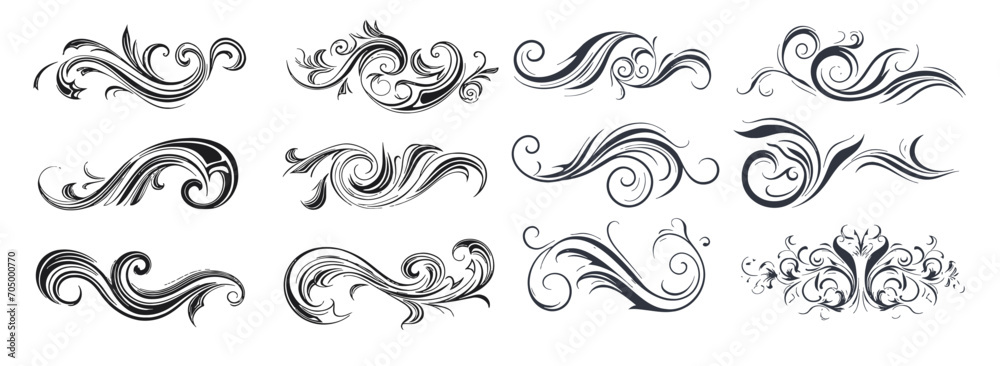 Calligraphic swirl ornament, line style flourishes set. Calligraphic swirl ornament, line style flourishes set.
