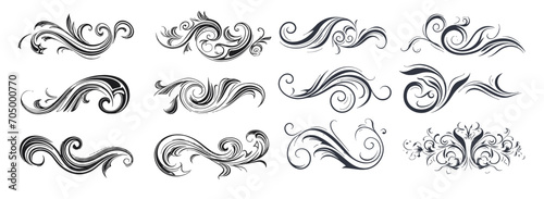 Calligraphic swirl ornament, line style flourishes set.
