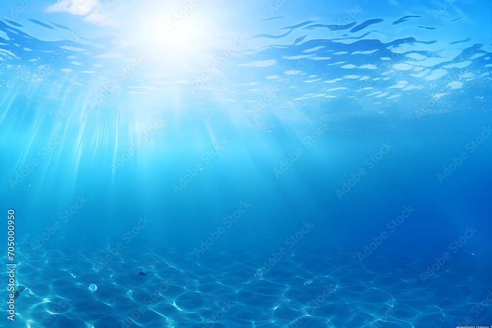 Underwater view of blue sea with sunbeams and lens flare Underwater view of blue sea with sunbeams and lens flare