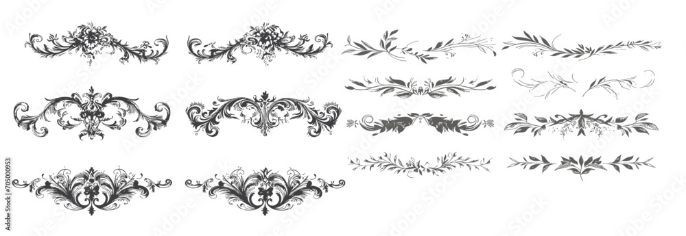 Hand drawn delicate frame design elements, flourish, dividers, lines, borders