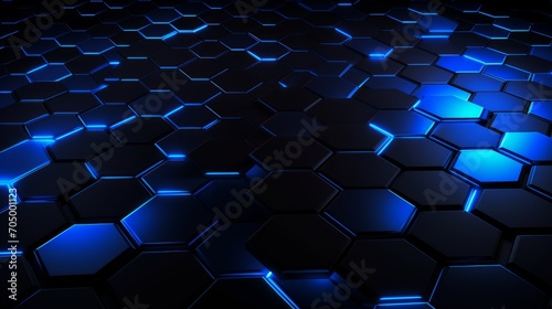 Glowing Blue Neon Hexagon Grid on Black Background AI Generated
