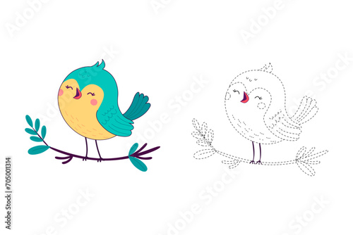 Circle and color a cute cartoon bird. Worksheet for children