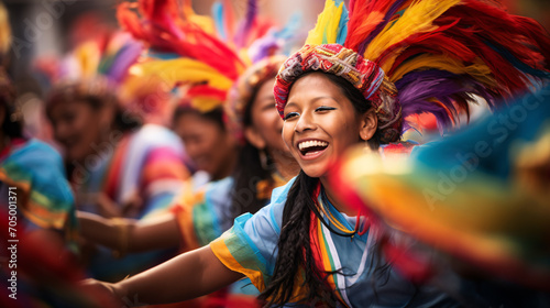 Joyful ethnic nativ american festival celebration, in colorful dresses 