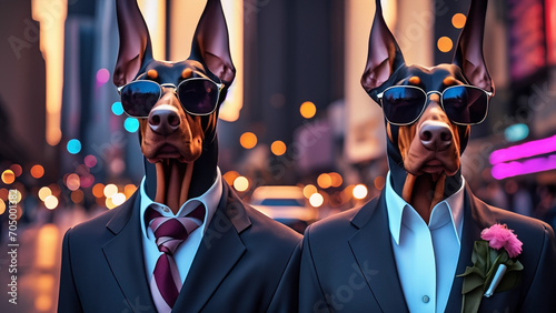 4K Doberman Pinscher wearing sunglasses and suit