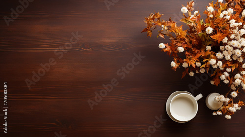 empty wooden autumn desk seen from above with a rustic wooden table photo