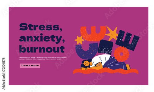 A female figure who is pressed by abstract noisy figures, a metaphor for burnout, stress, anxiety, depression. The template of the site page.