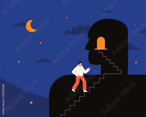 The person climbs the stairs to the door inside the human figure. A symbolic representation of psychological defenses: intellectualization, rationalization, escape from an anxious world.