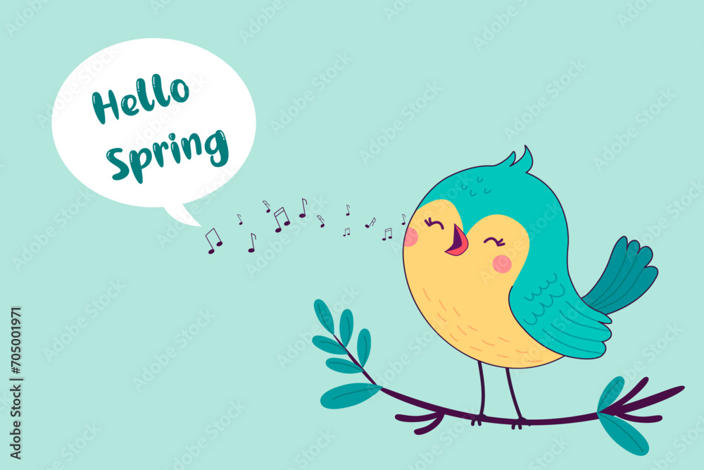 Hello spring vector illustration. The bird sits on the hill and sleeps. The bird brings spring