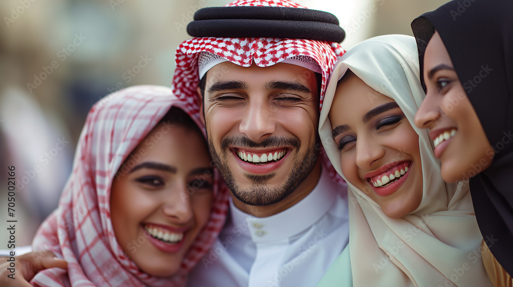 Arab Millionaire Sheikh in Traditional Attire with Wives Wearing Hijabs ...