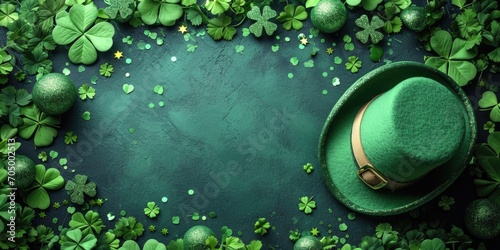 A green hat sitting on top of a lush green field. St. Patrick day green background with copy-space.