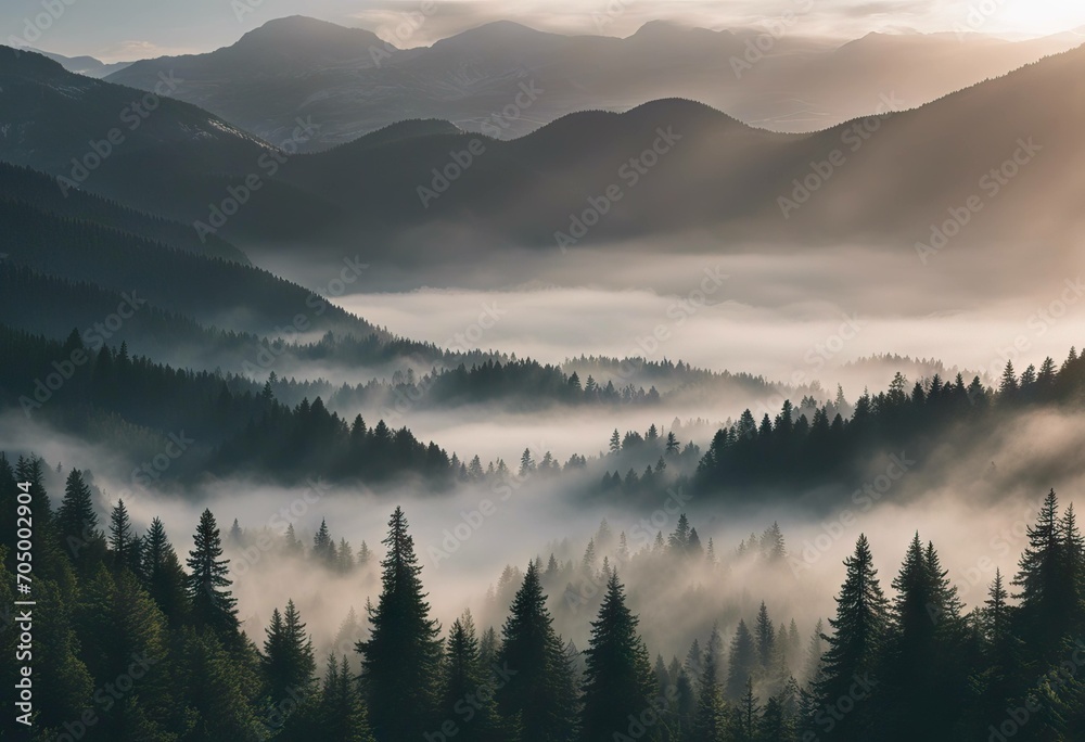 Misty mountain landscape stock photoForest Fog Pine Tree Backgrounds