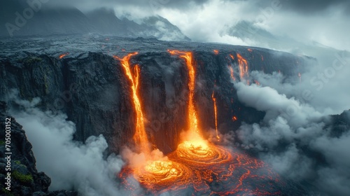 Fototapeta Naklejka Na Ścianę i Meble -  A large waterfall of lava pouring into the ocean.