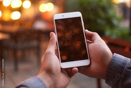 "Hands holding a mobile device with a black screen, capturing soft, blurry lights during the sunset. Emphasis on technology, communication. Ample space for additional text."